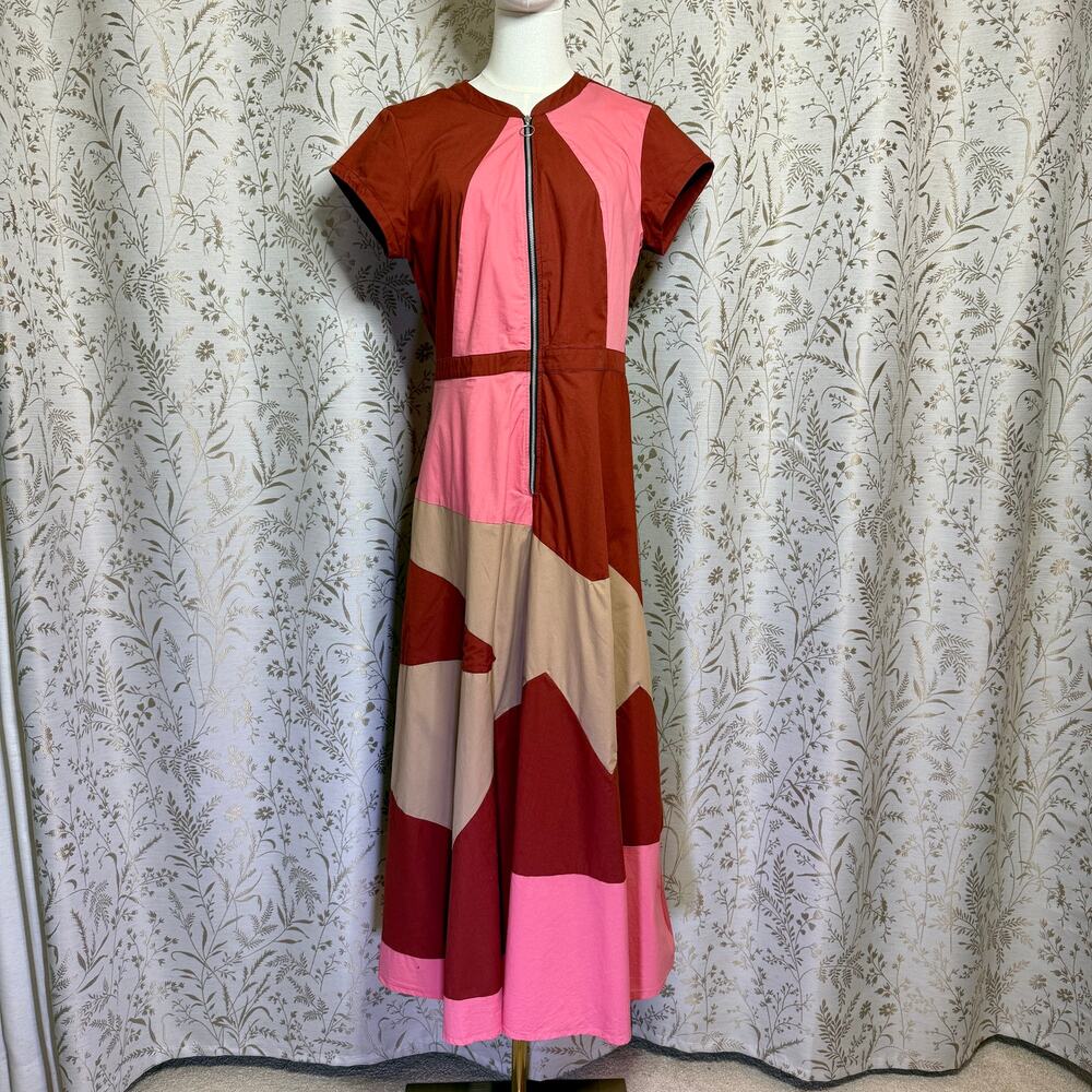 Zapelle Colorblock Patchwork Maxi Dress L 12 Rust Pink Dopamine Mod Artsy Boho - Picture 2 of 16